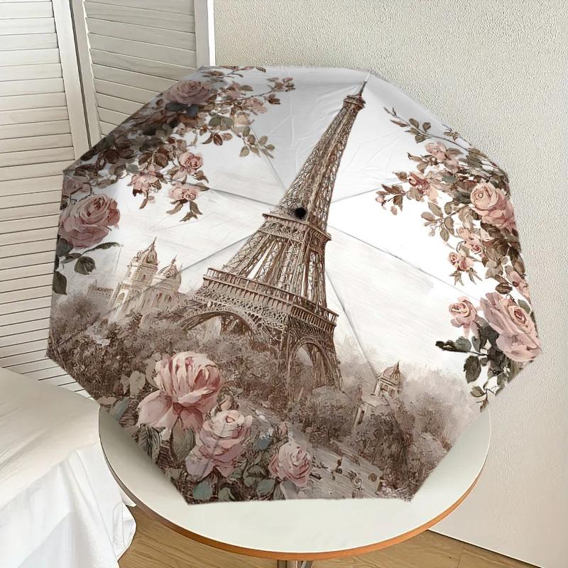 1PC Eiffel Tower Flowers Umbrella-8-Rib Reinforced, Automatic Open, Lightweight & Durable, Cute Fashion Accessory for Outdoor-P2714