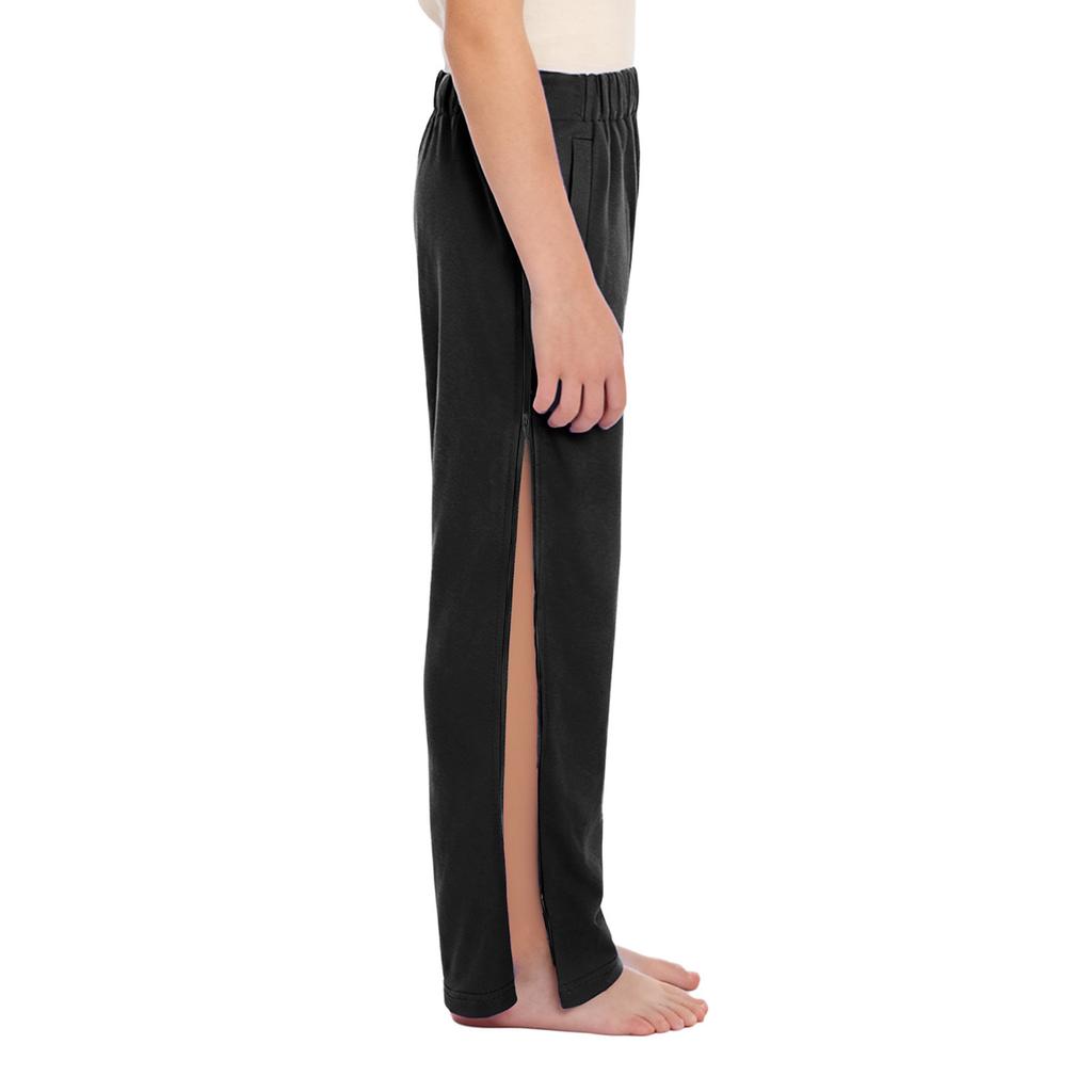 Pantaloni unisex per bambini con bisogni speciali, con elastico in vita, doppie cerniere laterali e tasche.