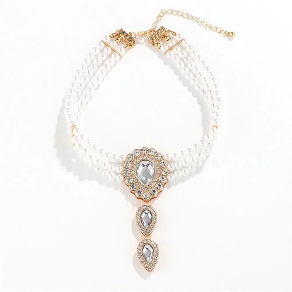 Vintage Elegant Multi Layer Pearl Necklace Luxury Shiny Rhinestone Pendant Necklace for Female Party Jewelry Accessories