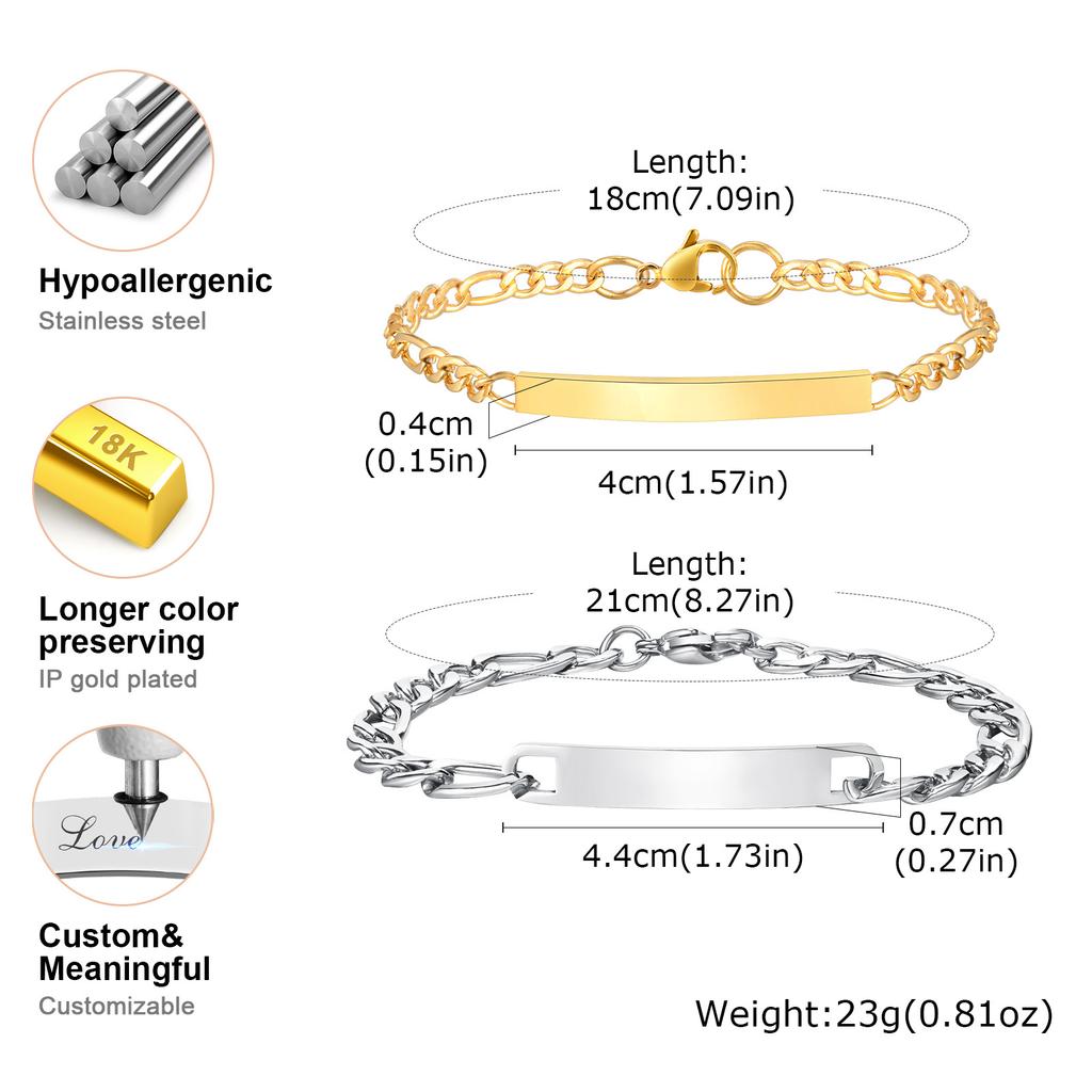 Vnox Free Engrave Love Words Bracelets Gifts for Couples, Stainless Steel Figaro Chain Bracelets,Valentines Day Gift for Him Her