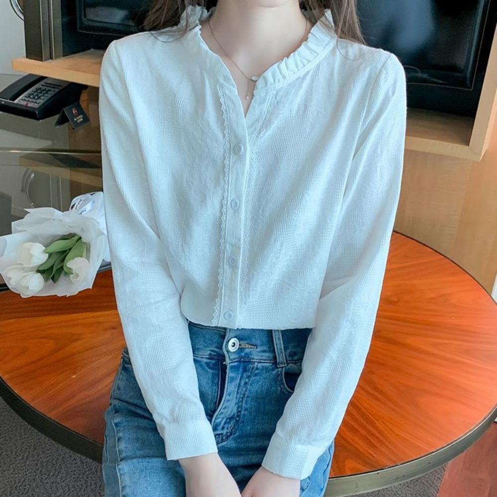 

Модная рубашка с длинным рукавом и воротником-стойкой на весну и осень, универсальная женская рубашка из хлопка с однотонным сращиванием, элегантная рубашка с низом XXL белый