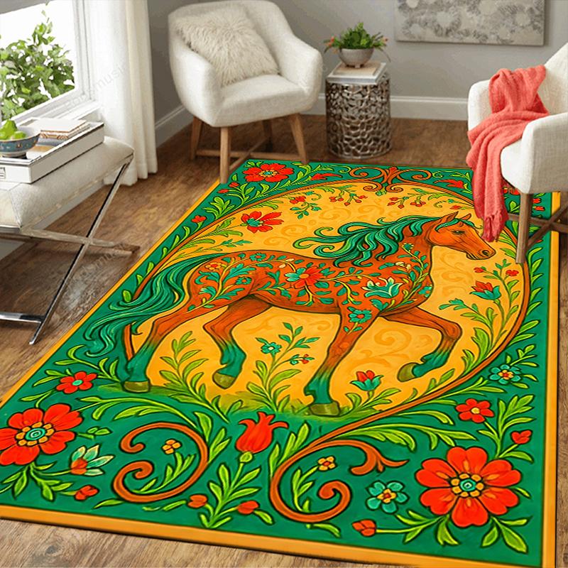 1Pc Floral Horse Illustration Rug, Office Carpet Indoor Outdoor Doormat, Non-Slip, Comfortable, Living, Christmas Halloween, Xmas Gift G1196