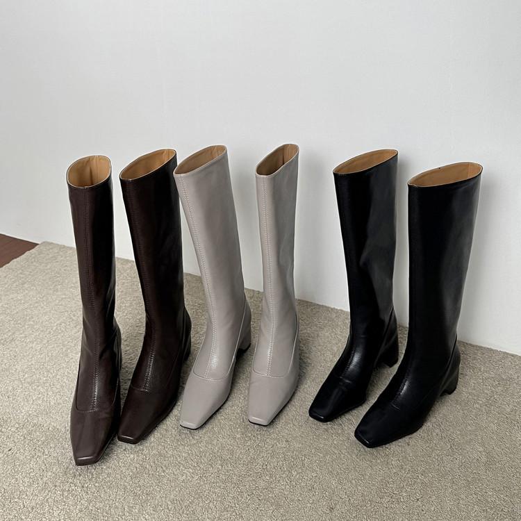 Niche square head thick heel soft leather high trouser boots fried street hot girl height increase white but knee knight boots