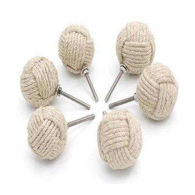 White Jute Door Handle Diameter 47mm, Six Pieces, Set of Six