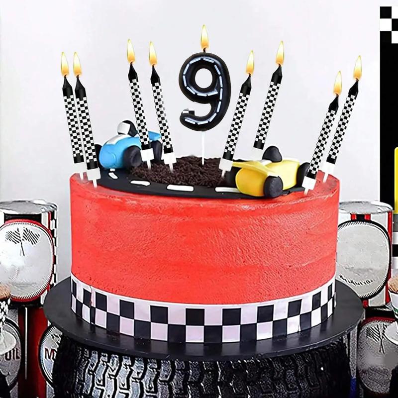 6Pcs 1 To 9 Number Candle For Racers Black and White Checkered Candle Anniversary Truck Candle Cake Topper Festival Candles Cake