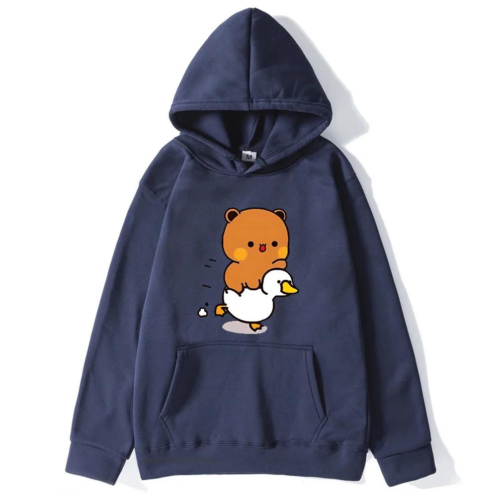 Cute Bubu and Duud Is Riding A White Duck Hoodie Panda and Brownie Bear Clothes Sweatshirts Hooded for Men Women Sudadera