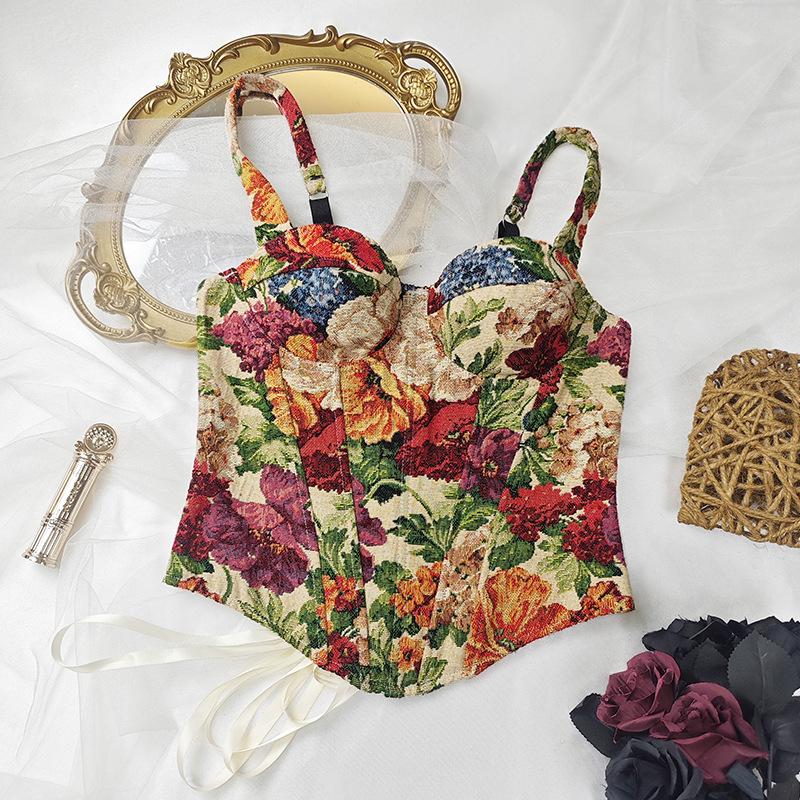 European & American Retro Floral Camisole: French Slim-fit Bustier Corset