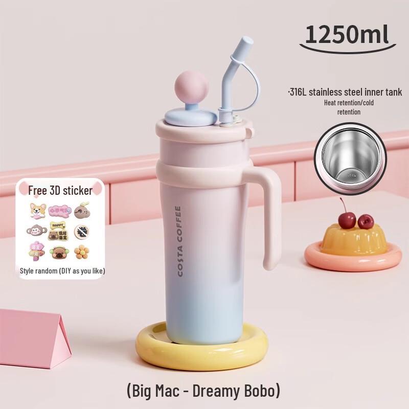 COSTA Large Capacity Insulated Stainless Steel Straw Tumbler Includes 3D Stickers