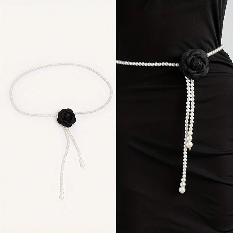 Waist Fashion Pearl Chain With Camellia Flower Decor Women Accessory Dress