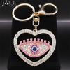 Sweet Pink Crystal Love Heart Evil Blue Eye Key Chain for Women Men Alloy Gold Color Turkish Eyes Hollow Keyring Jewelry Gifts