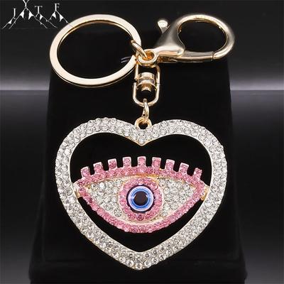 Sweet Pink Crystal Love Heart Evil Blue Eye Key Chain for Women Men Alloy Gold Color Turkish Eyes Hollow Keyring Jewelry Gifts