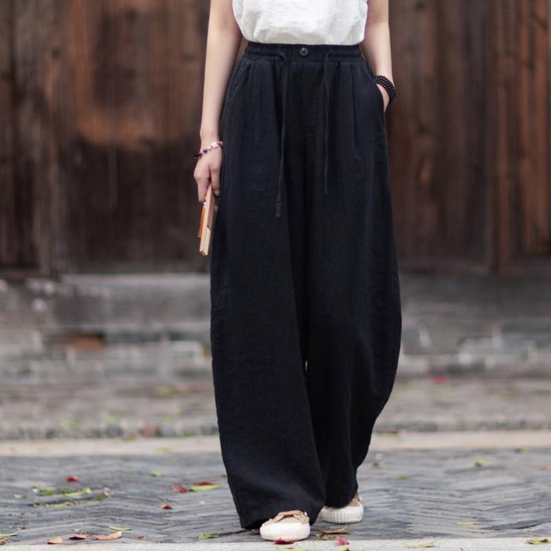 Johnature Women Vintage Straight Pants Summer Chinese Style Solid Color Loose Trousers Elastic Waist Pants