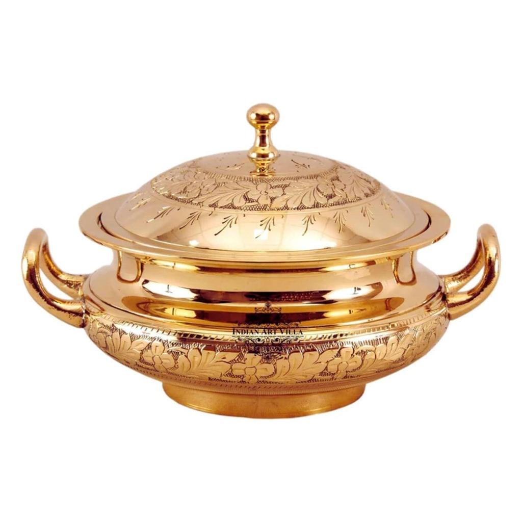 Brass Mughlai Embossed Design Casserole With Lid For Decoration Tableware, Home, Hotel, Restaurant (1200 Ml)