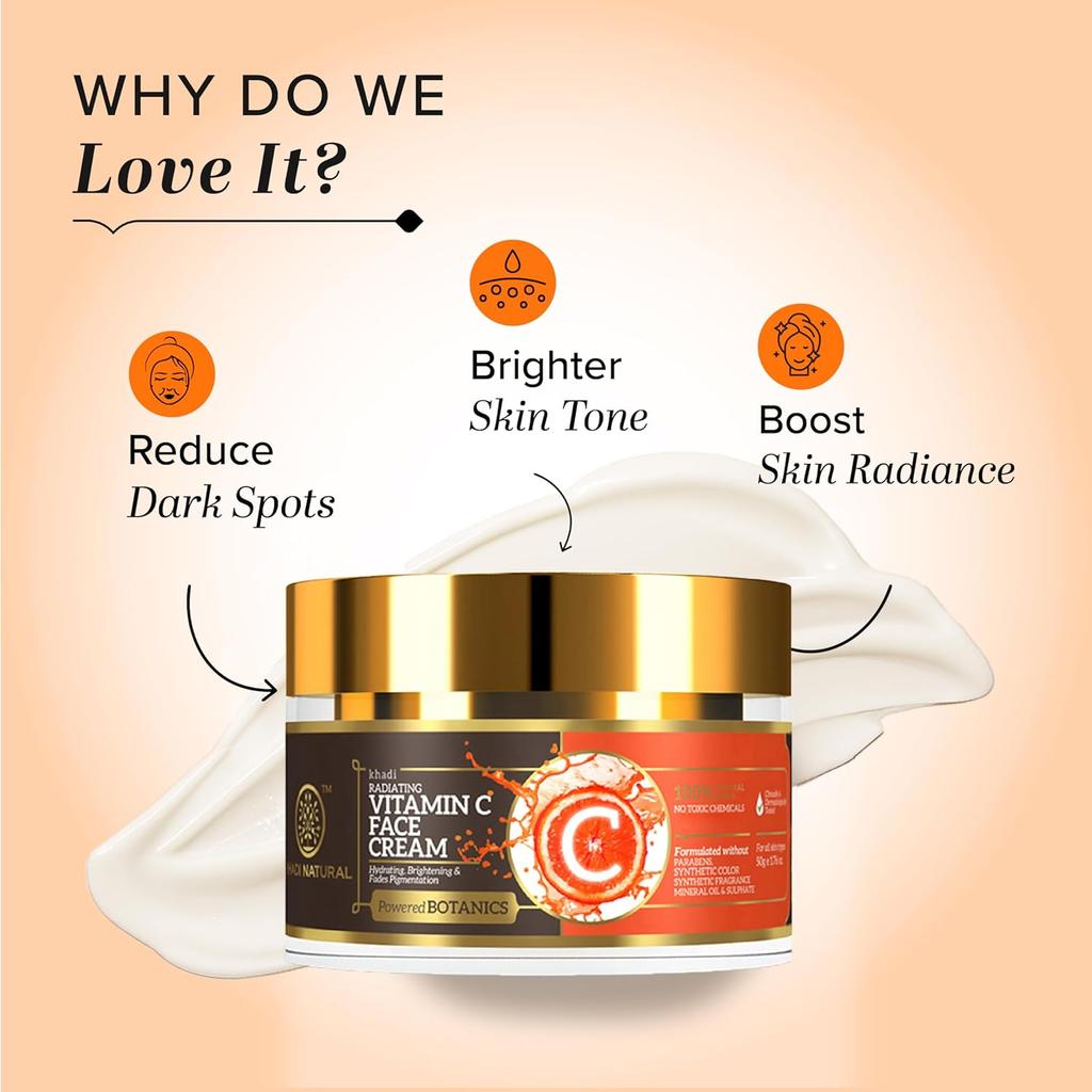 KHADI NATURAL Vitamin C Face Cream 50gm Pack of 1 for Brightening Dark Spots and Hydrating Skin