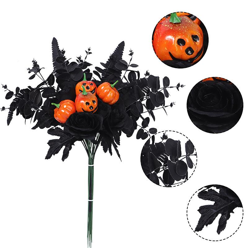 1pcs Faux Maple Leaves Bouquet with Black Accents Halloween Fall Table Decor Polyester Plastic Pumpkin Centerpiece