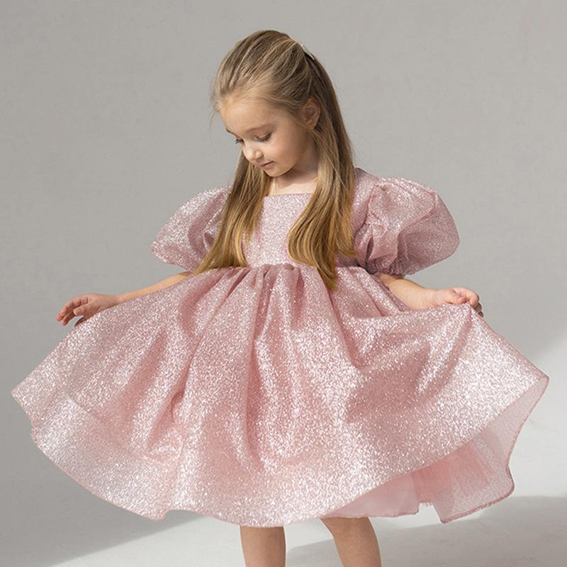 Bubble Sleeve Princess Dress Flower Girl Baptism Gown for Kids' Party Piano Performance Pageant