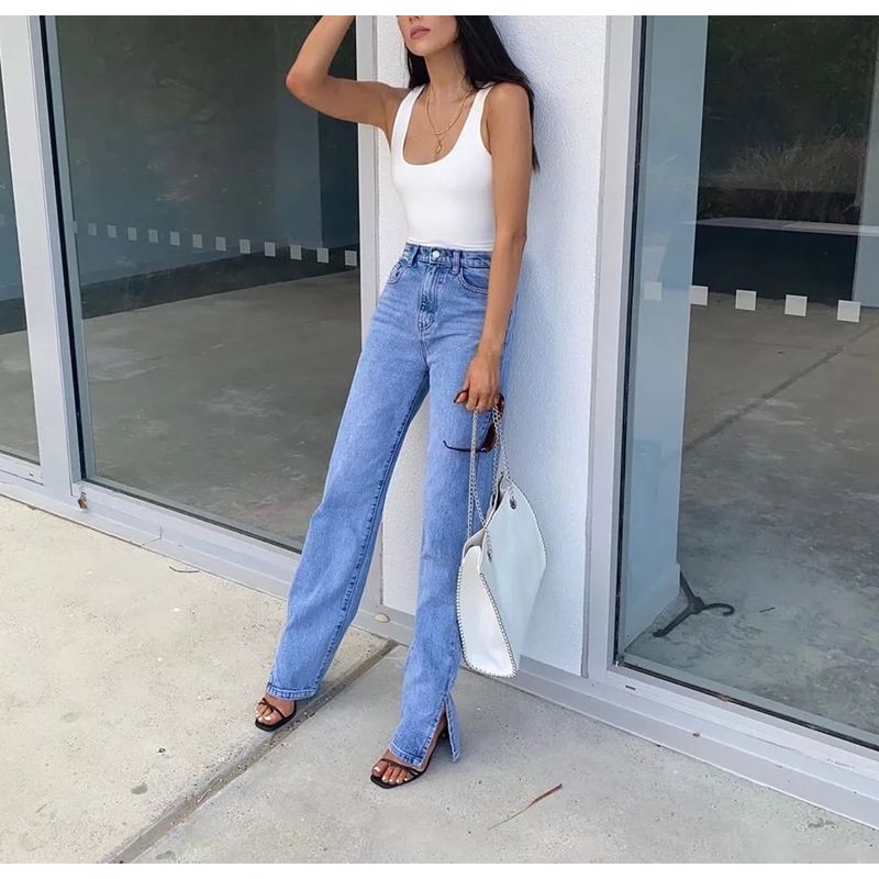 Spring New Arrival Women's Clothing Fashion Style Fashion All-Match Skinny Slimming Retro High Waist Floor Split Denim