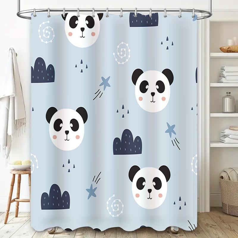 Baby Blue Shower Curtain with Cute Panda Faces and Clouds Waterproof Fabric for Bathroom Decorations in Home Garden Supplies
