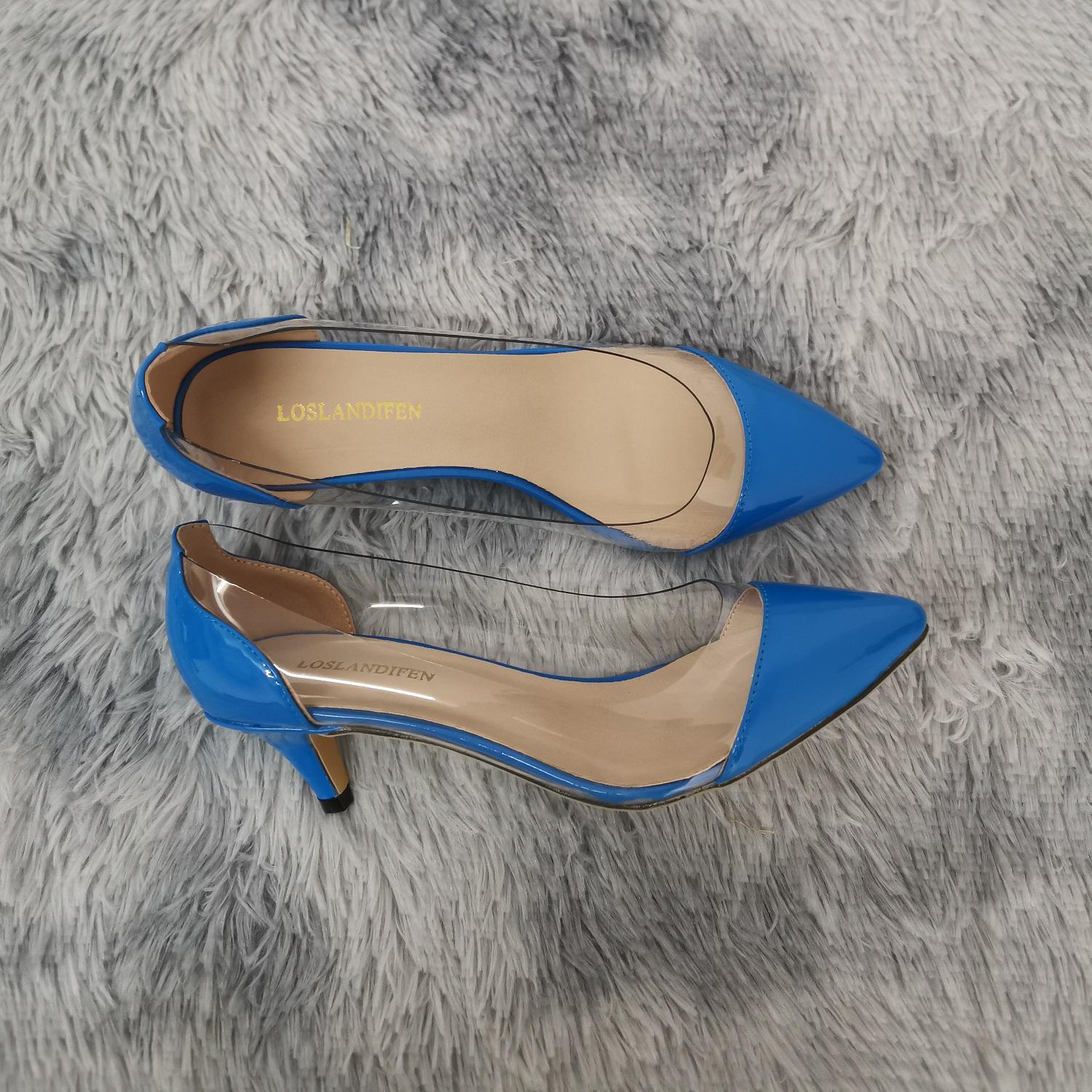 

LOSLANDIFEN женские туфли-лодочки весна осень ПВХ прозрачные 5 см низкие каблуки сексуальные заостренные носки тонкие высокие каблуки без застежек праздничные свадебные туфли обувь 42 синий