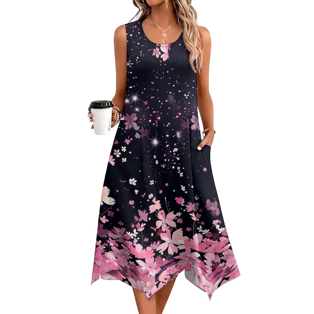 Dámské ležérní šaty na léto Tílkové šaty Volné plážové šaty s kapsami Rozšířené midi letní šaty