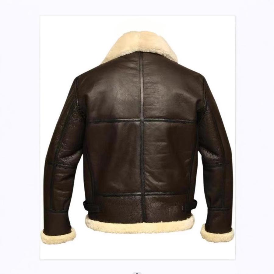 Men's Brown Genuine Leather Jacket with Faux Fur Collar, Zip Front, Adjustable Waist Belt, and Zipper Pockets