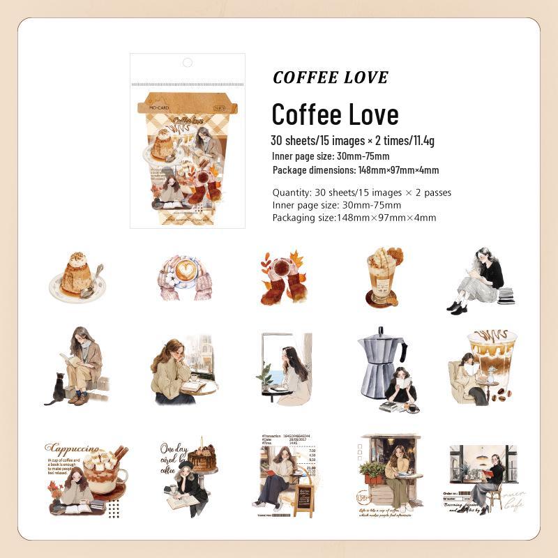 Mò Mò PET Coffee-Themed Sticker Pack: Cup of Coffee Time Series Retro Die-Cut Stickers.