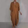 2026 Autumn Linen V-Neck Bathrobe Dress with Pockets - Solid Color, Casual, Loose, Slit Design