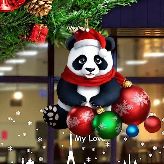 Yousheng Panda Christmas Ornament 2D Acrylic Cartoon Panda Christmas Tree Hanging Ornament Cute Car Interior Accessories for Car Rear View Mirror Xmas