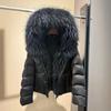 Winter natural real raccoon fur collar thickened warm short coat women's versatile goose down jacket new