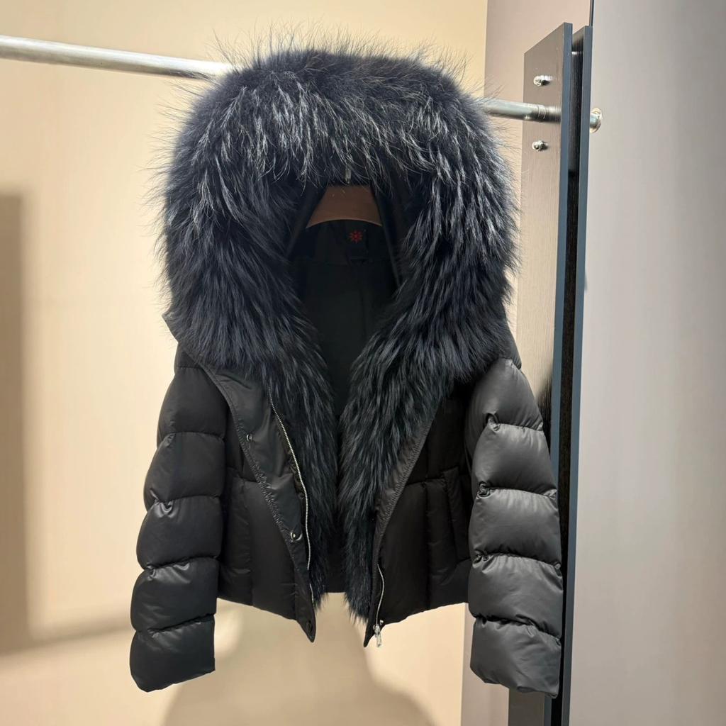 Winter natural real raccoon fur collar thickened warm short coat women's versatile goose down jacket new