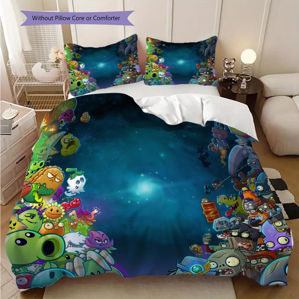 Plants Vs Zombies Battle Royale Dreiteiliges Set (1 Bettbezug + 2 Kissenbezüge, ohne Füllung) 2D flaches Weihnachts-Geburtstagsgeschenk