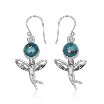 Natural Blue Turquoise Gemstone 925 Sterling Silver Handmade Fly Angle Drop Dangle Earrings For Women & Girls