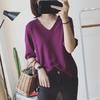 Summer Women's New Korean Style Simple V-neck Versatile Loose Pullover T-shirt Solid Color Mid-sleeve Casual Top Bottoming Shirt