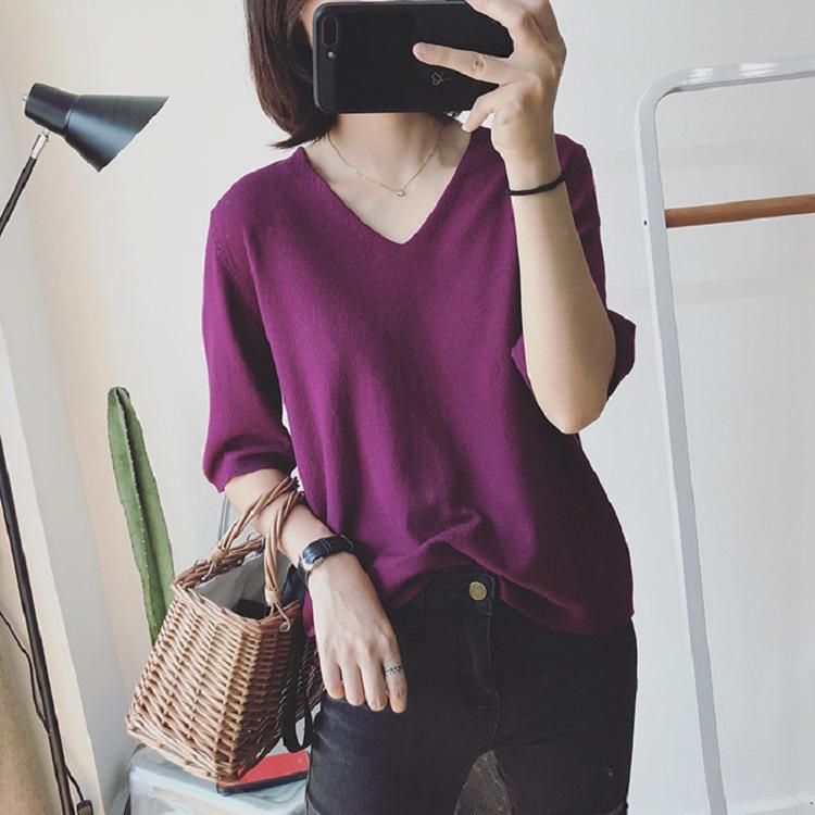 Summer Women's New Korean Style Simple V-neck Versatile Loose Pullover T-shirt Solid Color Mid-sleeve Casual Top Bottoming Shirt