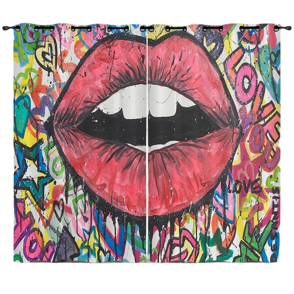 Curtains Sexy Lips Red Lips Oil Painting 3D Digital Printing Blackout Curtain Punching