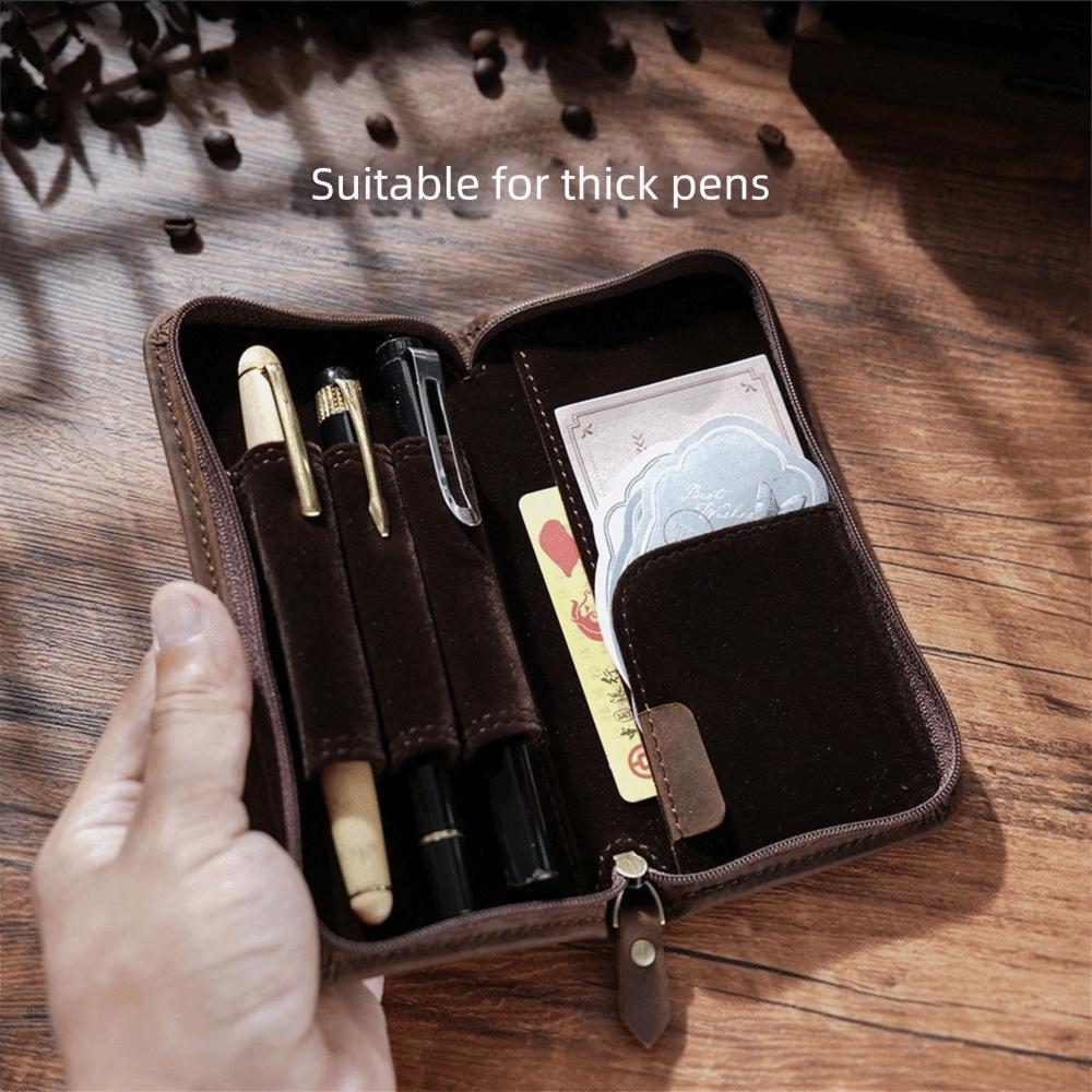 Strato Superiore di Pelle di Mucca Custodia per Penne in Pelle di Mucca Chiusura a Zip Porta Carte Pochette per Penne Grande Capacità 3 Scomparti Borsa per Penne in Pelle di Mucca