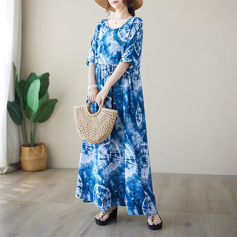 Thin Cotton Round Neck Tie Dye Printed Simple Medium Long Dress for Women Casual Dresses