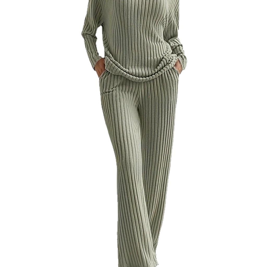 2025 Autumn/Winter V-Neck Ribbed Two-Piece Casual Set: Loose Top & Straight-Leg Pants