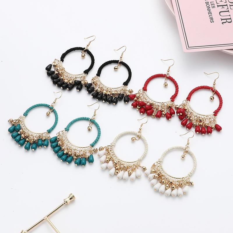 Bohemian Round Water Drop Tassel Earrings Jewelry Ethnic Style Hand Woven Hollow Geometric Statement Earrings for Women Girls