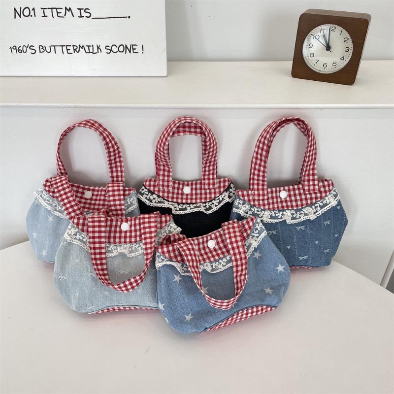 5 Sweet Little Fresh Lace Handbag Retro Fashion Red and Blue Contrasting Color Plaid Handbag