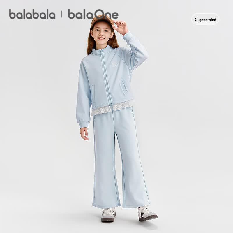 Balabala Girls' Sweet Lace Long Sleeve Two-Piece Set