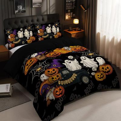 3 Halloween Cartoon Geist bedruckte Daunenbettbezüge, 1 Daunenbettbezug+2 Kissenbezüge, ohne Füllung. Weiches und bequemes Bettwäscheset