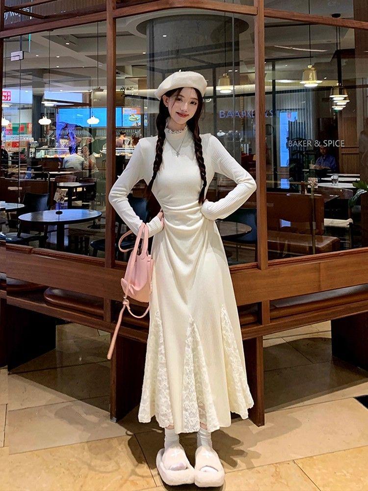 Autumn and winter new French white knitted dress women s waist thin lace splicing fishtail dress S белый