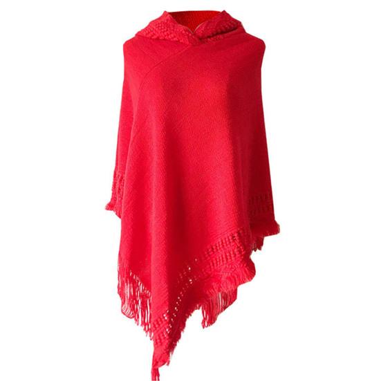 Women Autumn Cape Tassel Loose Knitting Solid Color Irregular Hem Warm Hooded Bohemia Fringed Lady Cloak for Work