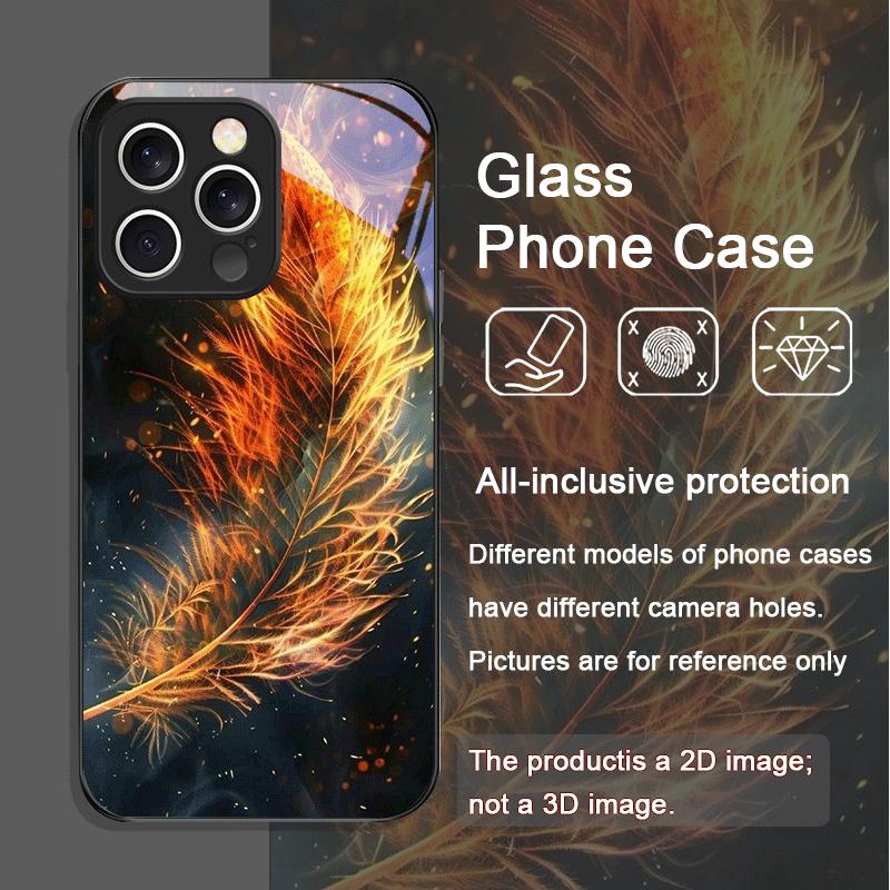 Aesthetic Phoenix Fire Feather Pattern Tempered Glass Phone Case for iPhone 17 16 Pro Max 15 14 Plus 13 12Mini 11 X XS MAX Cover