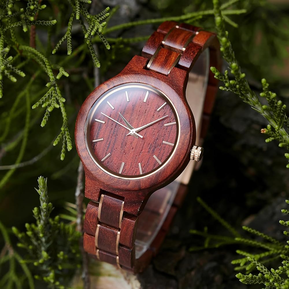Wooden Time Women's Watch 35mm Lightweight Natural Sandalwood Quartz Casual Business Gift Red