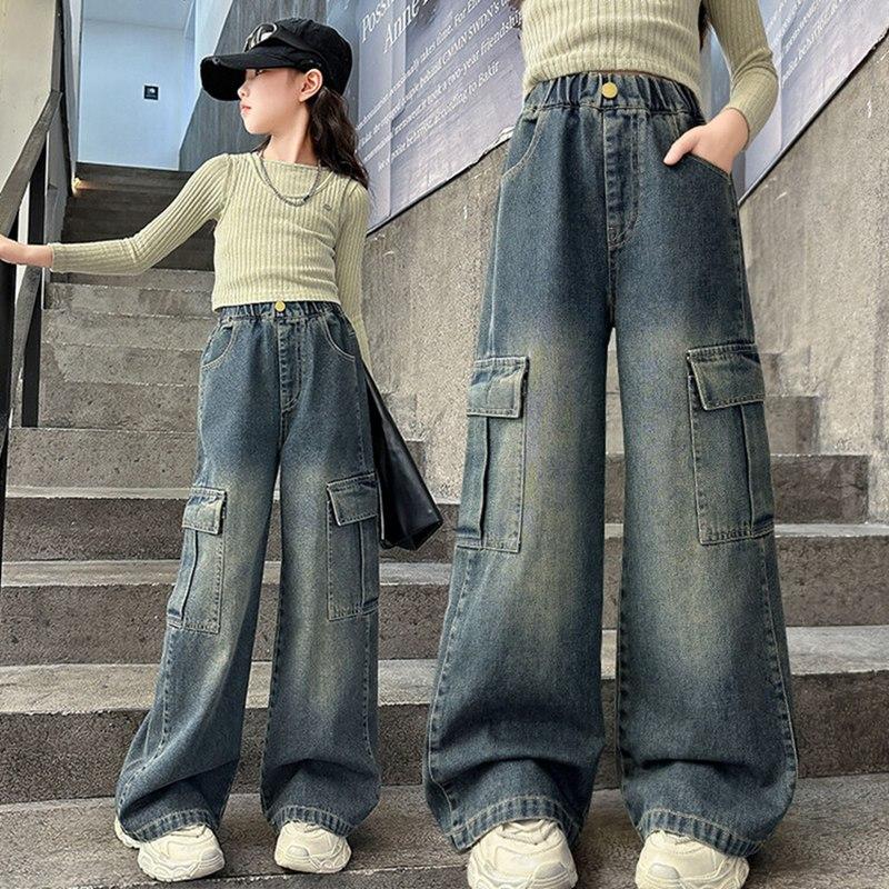 Kids Girls Loose Big Pocket Jeans Casual Pants