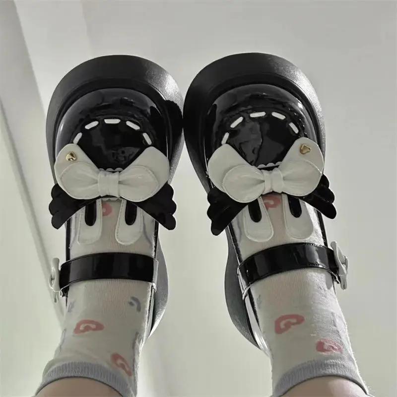Fashion With Medium Heels Platform Women's Shoes Kawaii Round Toe Ladies Pumps Cute Mary Jane Japanese Style Lolita Bow Y2k Spring Young
