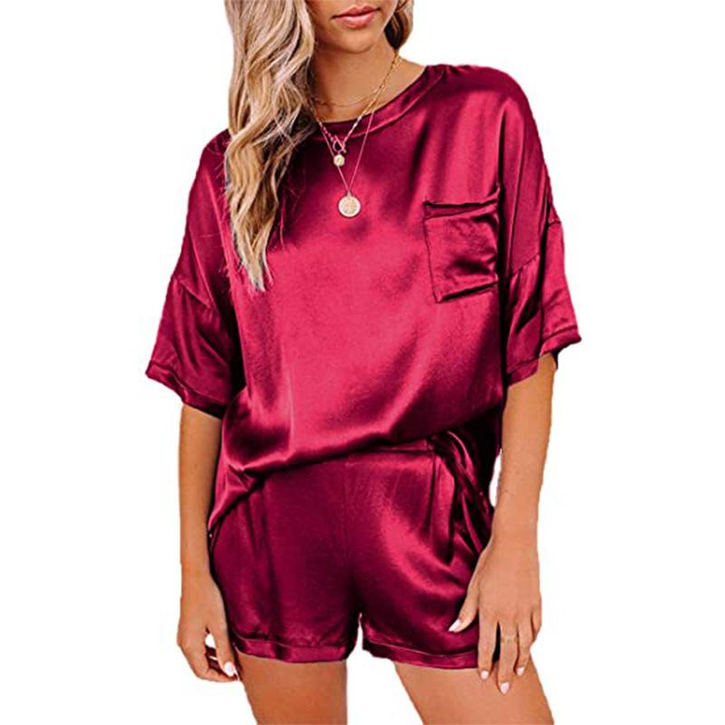 Camiseta de verano para mujer, traje de pijama, ropa de dormir de gasa de Color sólido, camiseta de manga corta, pantalones, camisón informal suelto, traje de dos piezas