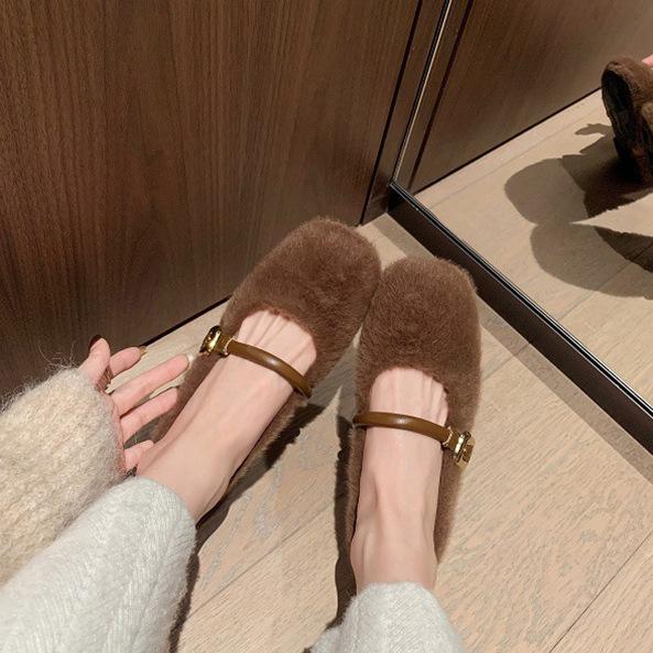 Real Wool Version~ Inner Height Increase 4cm Grape Ma Ballet Single Shoes Velvet Warm Fluffy Shoes Women Wear Mary Jane Shoes In Winter